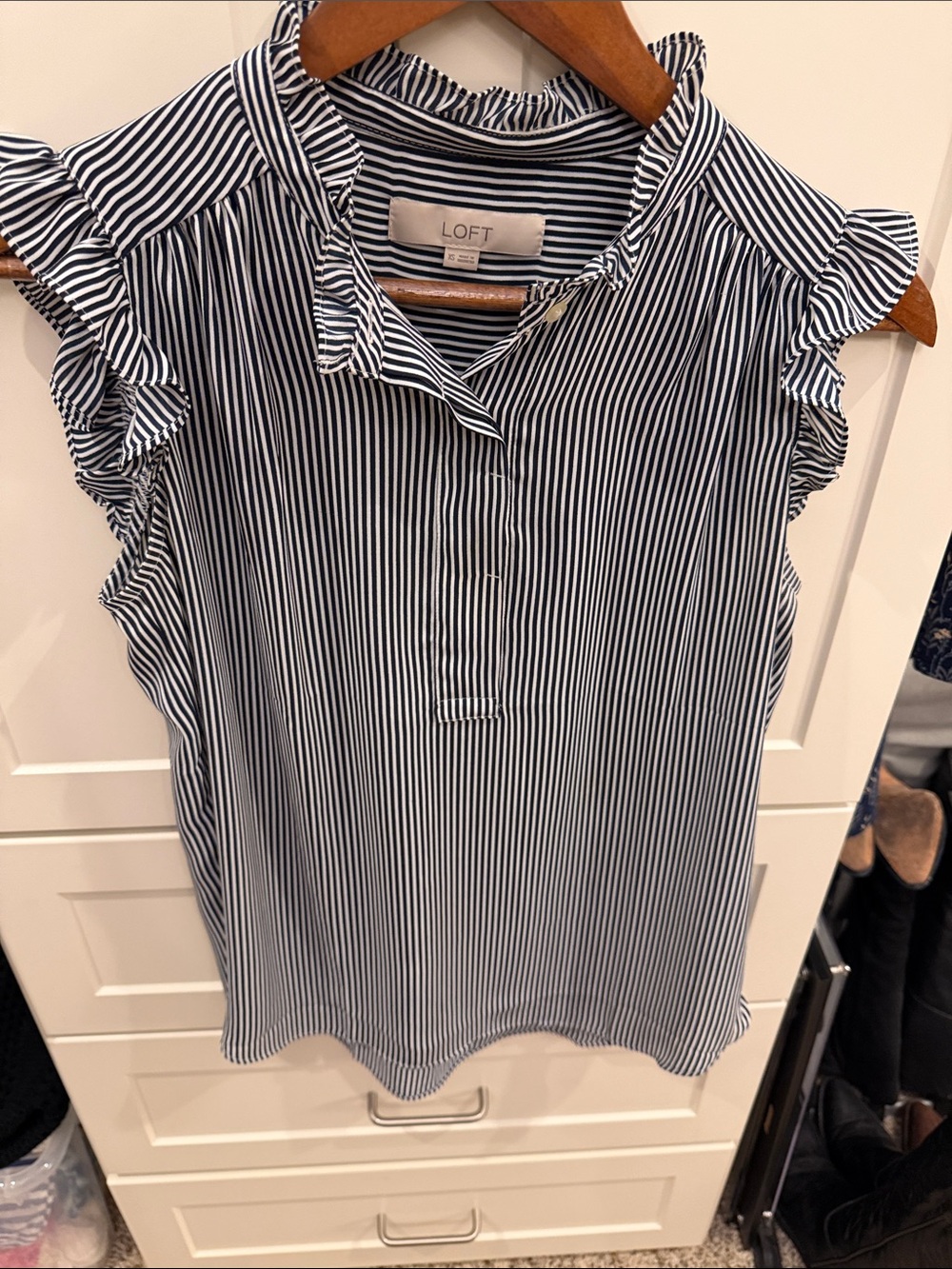 LOFT Navy and White Pinstripe Ruffle Sleeve Sleeveless Blouse